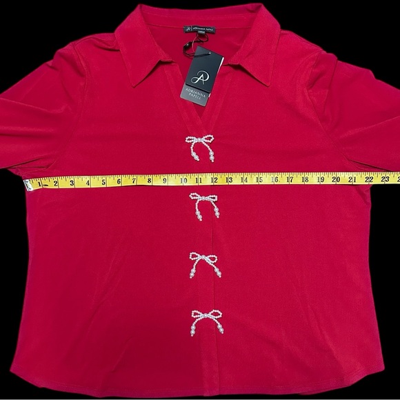 New With Tags Adrianna Papell Pearl Bow V-Neck Blouse - Haute Red XL - Picture 6 of 9